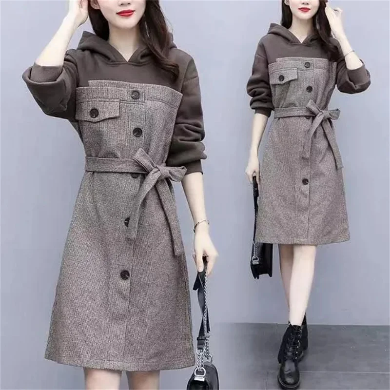 Large Size 4XL2024 Spring Autumn New Grey Hooded Sweater Dress Fashion Woolen Padded Stitching Dress Mid-Long Hoodies Female