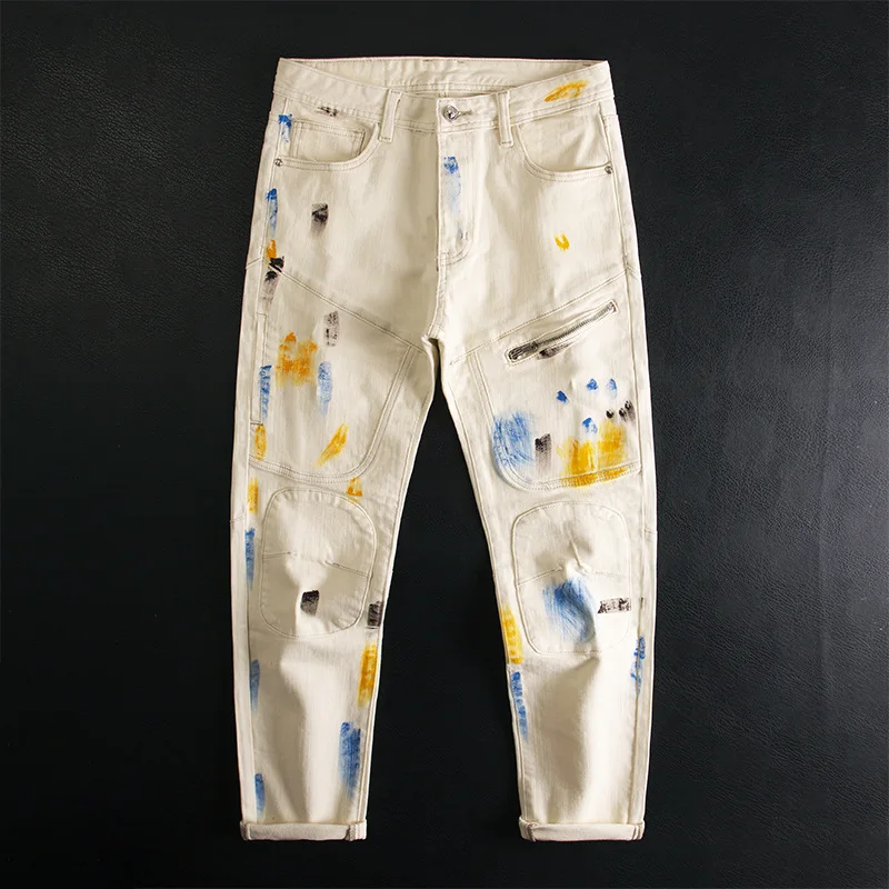 

Graffiti printed patchwork jeans men's beige trendy brand high-end stretch slim fit small foot heavyweight denim pants