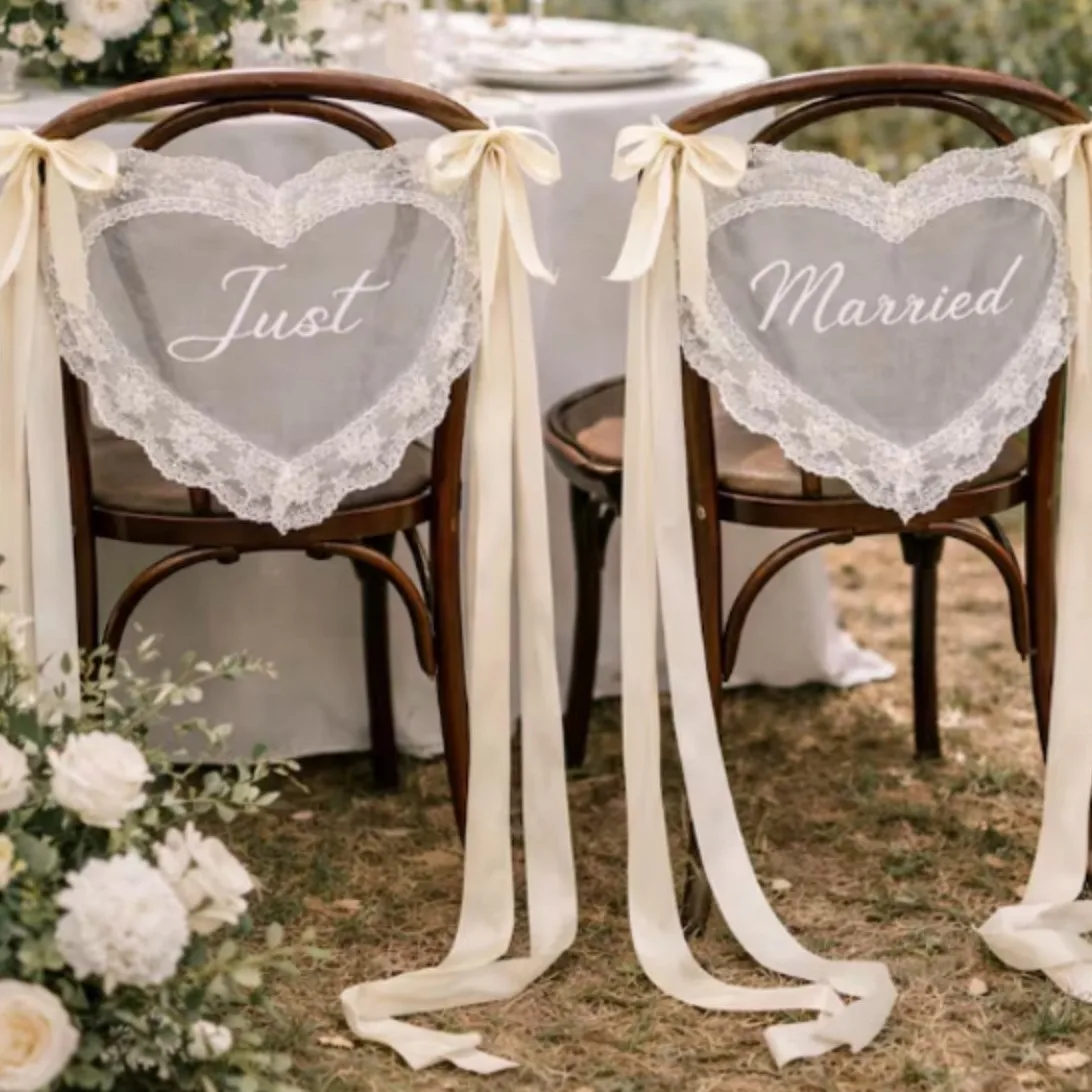 Just Married Heart Shaped Sheer Lace Chair Sign for Bride Groom Wedding Day Chair Decor Supplies Bridal Shower Party Accessory