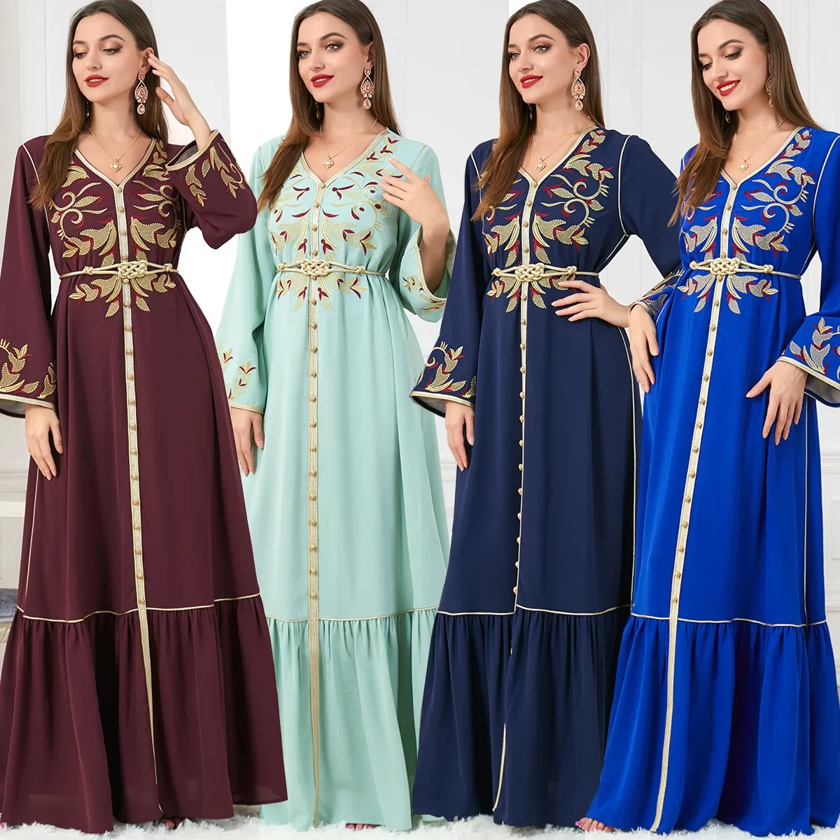 Women's Abaya Arab Eid Clothing Embroidery V-neck Long-sleeved Dress Women Solid Casual Caftan Dress Women Chiffon Maxi Skirt