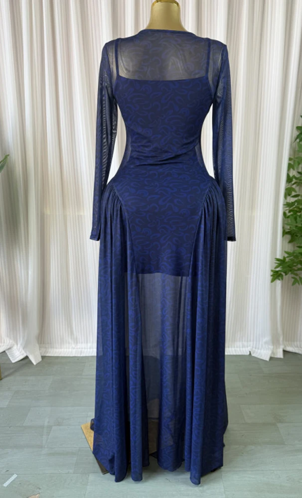 Luxuriöses Damen-Maxikleid mit elegantem Design, Print und Mesh, zweiteiliges Set mit Unterkleid, Urlaubs- und Strandstil, langärmlig – Detail 7