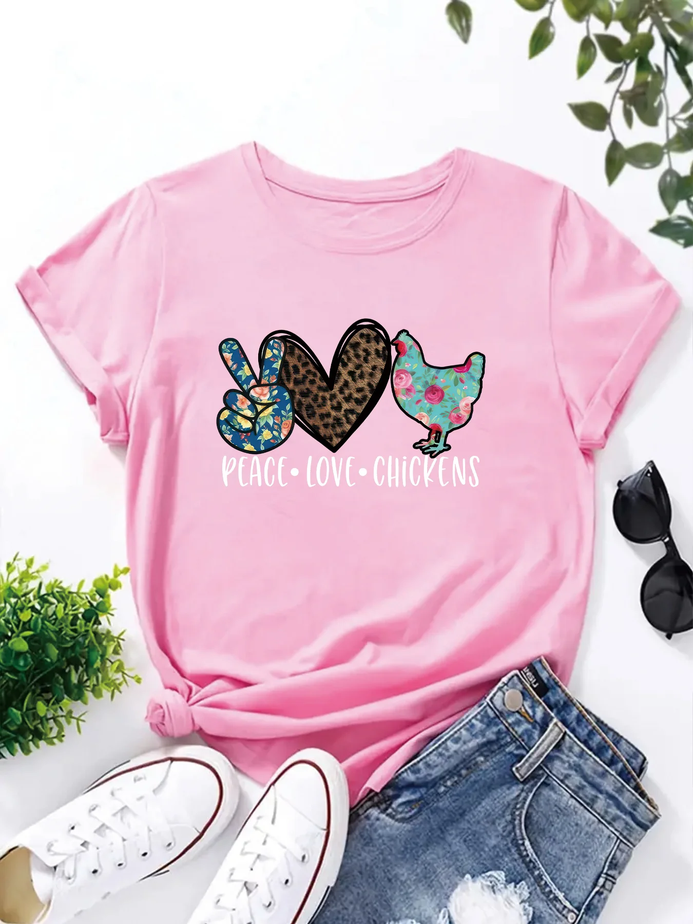 Peace Love Chickens Shirt Leopard Women T Shirt Print T-Shirt Woman Casual Short Sleeve Tee Tops for Spring Summer Female Clothi