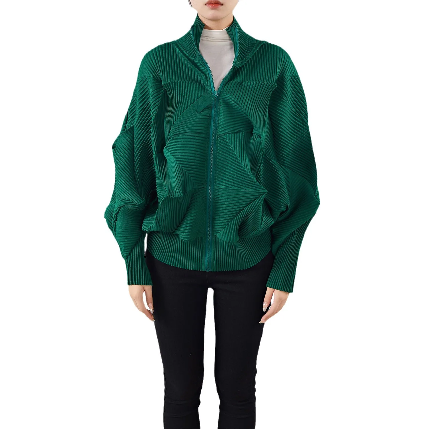 

Miyake Pleated Shirt for Women Long Sleeves Stand Collar Zipper Fold Design Female High End Fashion Top 2025 Spring New
