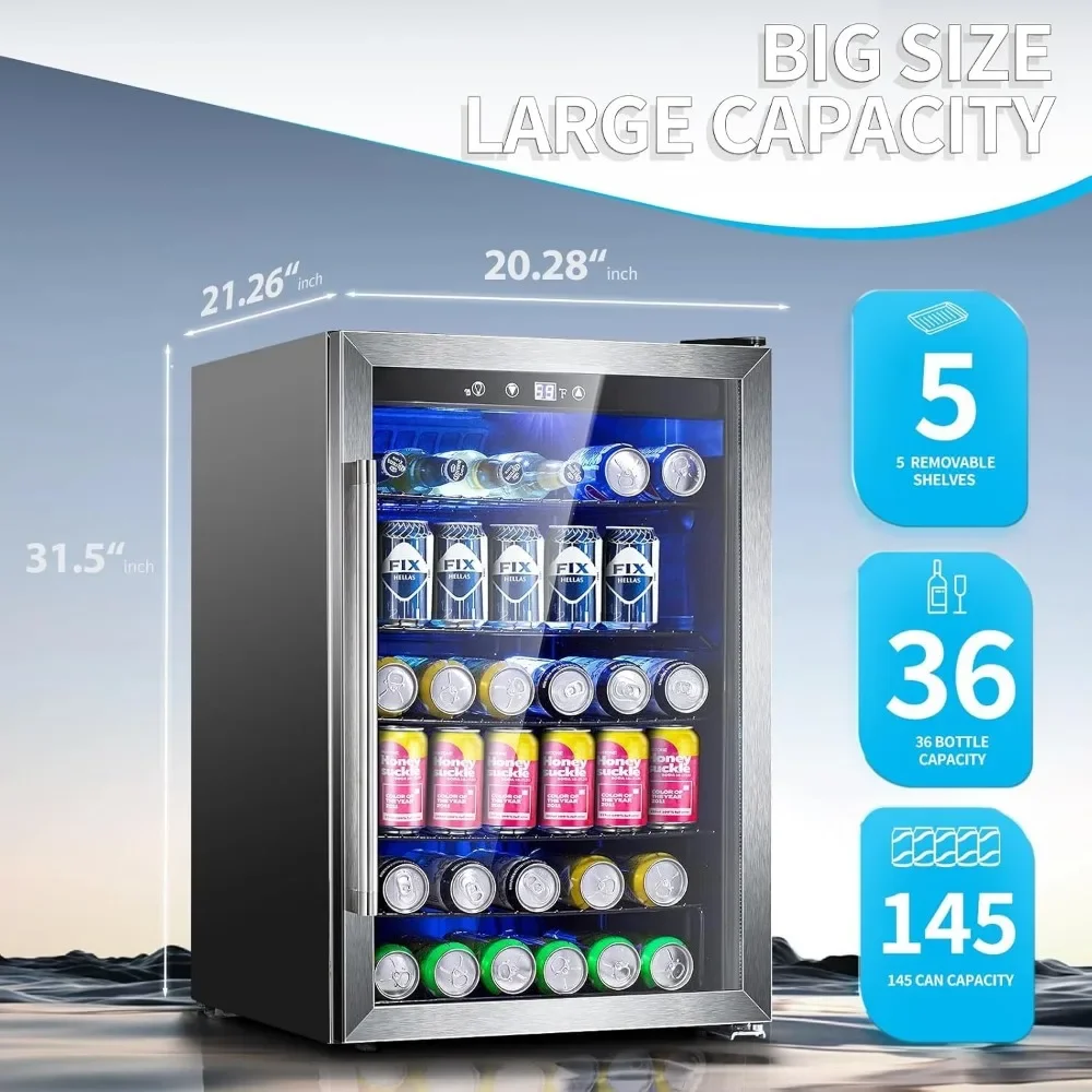 Beverage Refrigerator, 145 Can Mini Fridge with Glass Door and Touch Screen, 4.5 Cu.ft Refrigerator Display Case