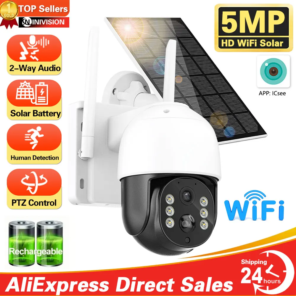 

5MP HD Max 128G Card Solar Camera Outdoor Wireless WIFI Built-in Battery Powered PTZ Camera PIR Human Detect 2-Way Audio iCsee