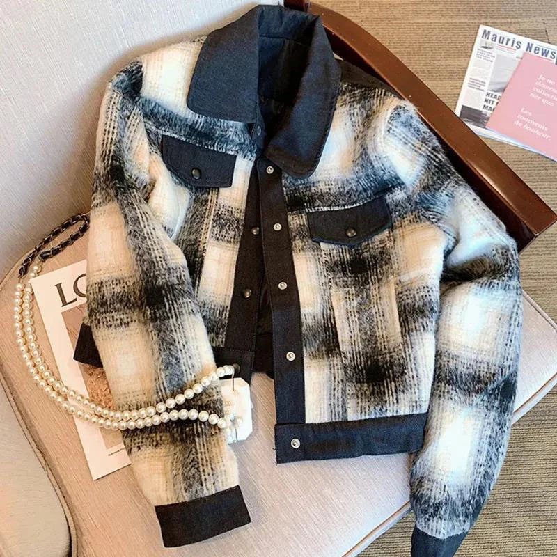 

Autumn Winter Black White plaid Woolen Coat Women's New Casual All-match Cotton padded Retro Casual Short Jacket Female Outwear