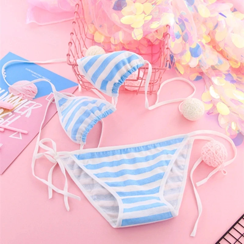 Japan Sexy Lingerie Lolita Kawaii Blue Pink White Striped Mini Bikini Adult Cosplay Women Bra Underwear Set Frenum Swimsuit