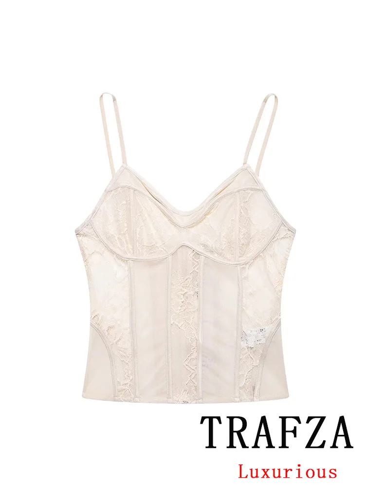 

TRAFZA Sexy Women Tops Complexion Solid Sleeveless Camisole Lace Slim Short Vest Fashion 2025 Spring Summer Female Sheath Vest