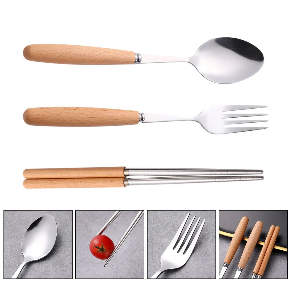 

1 Set Wood Handle Fork Spoon Chopstick Stainless Steel Reusable Cutlery Smooth Surface Modern Design For Home Party Wedding