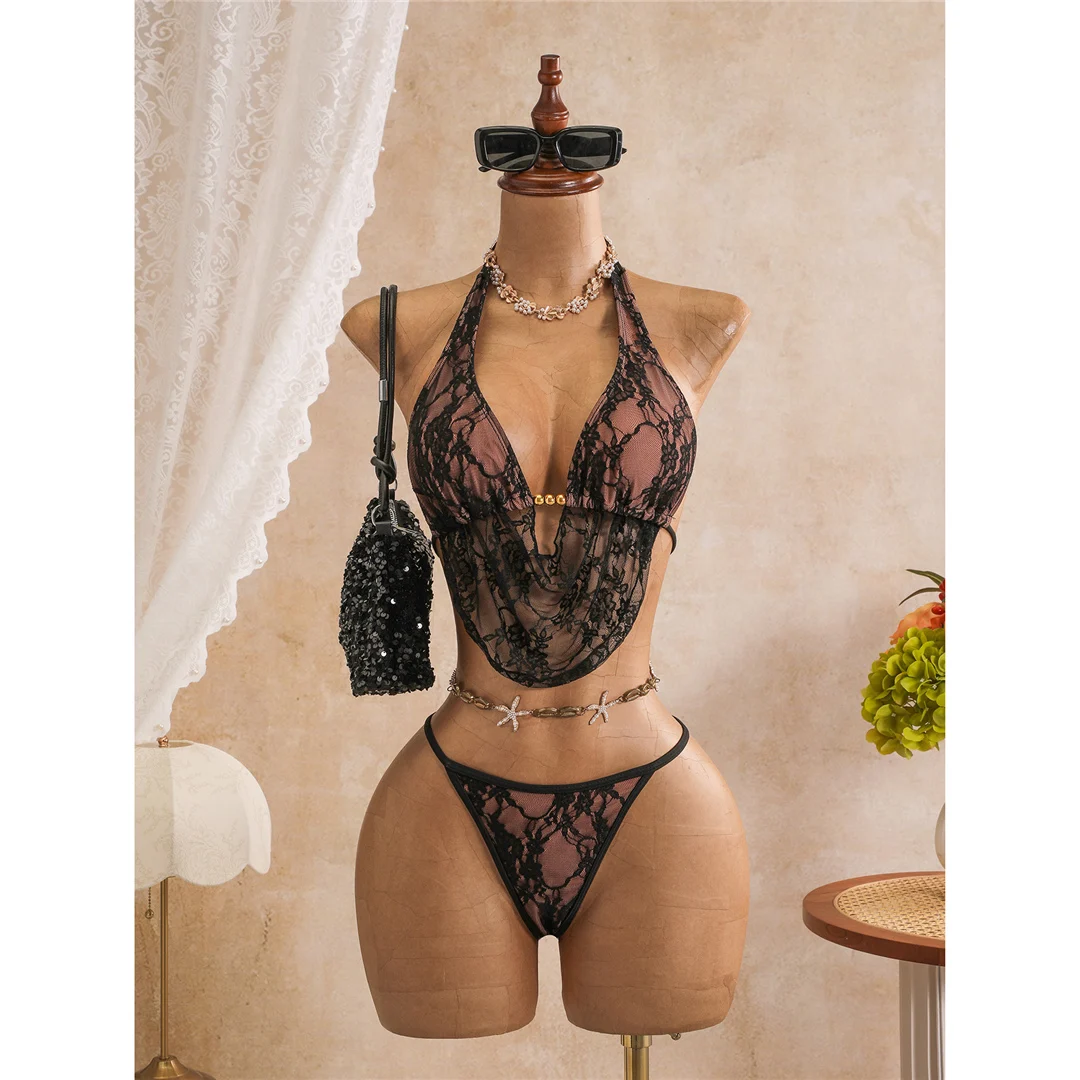 Mit Rock, Spitze, Neckholder-Bikini, Damen-Badeanzug, Damen-Bademode, dreiteiliges Bikini-Set, hoch geschnittene Beine, Badeanzug, Badebekleidung, Schwimmbekleidung V8418 – Detail 7