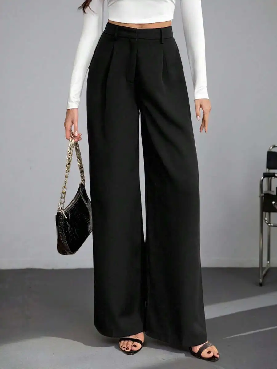 

Женские однотонные черные брюки с высокой талией и широкими штанинами, повседневная одежда на каждый день