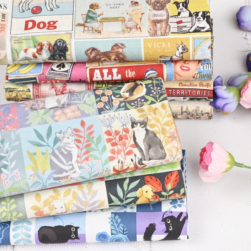 Cat and Dog Vintage scenery Print Cotton Fabric for Sewing Clothes Dress DIY Quilting Needlework Patchwork Cloth Material