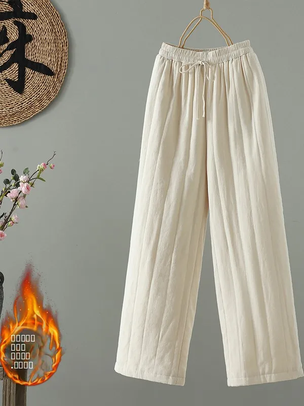 Loose Wide Leg Pants Women's Casual Cotton Linen Trousers Winter Outerwear Elastic Waist Loose Fit Pants Pure Color High Waist