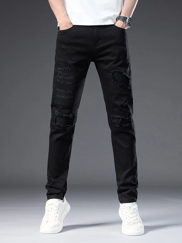 

Men's Slim Fit Jeans High Street American Sle Summer Spring Repair Patch Hole Pants Casual Cotton Stretch Denim Long Trousers