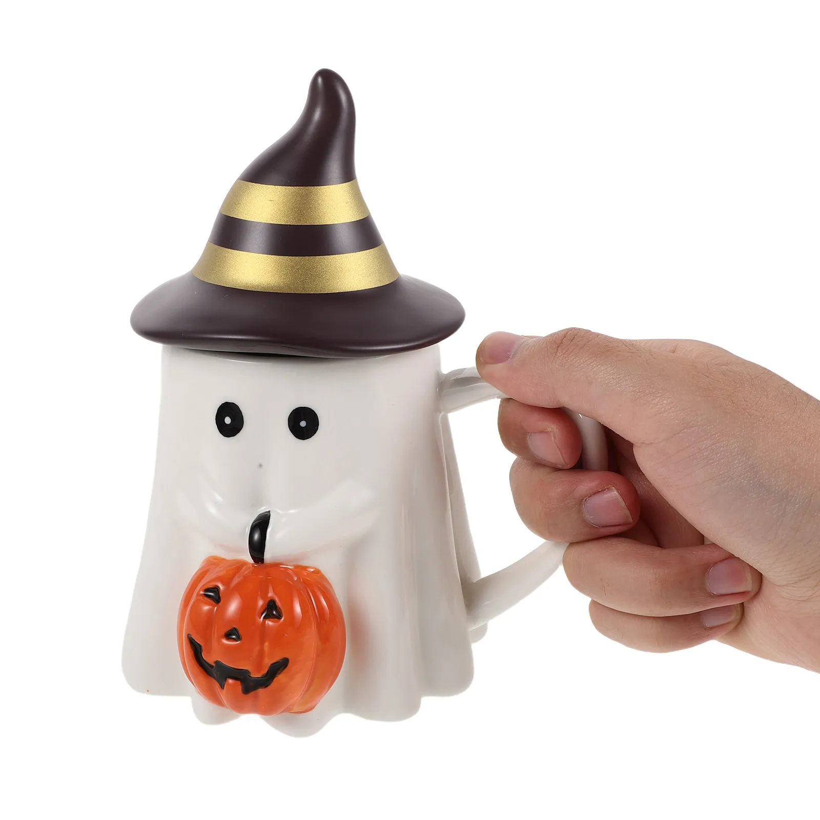 Halloween Ghost Pumpkin Ceramic Mug Cute Thick Ghost Shaped Cup with Witch Hat Lid for Autumn Hot Drinks Seasonal Table Decor
