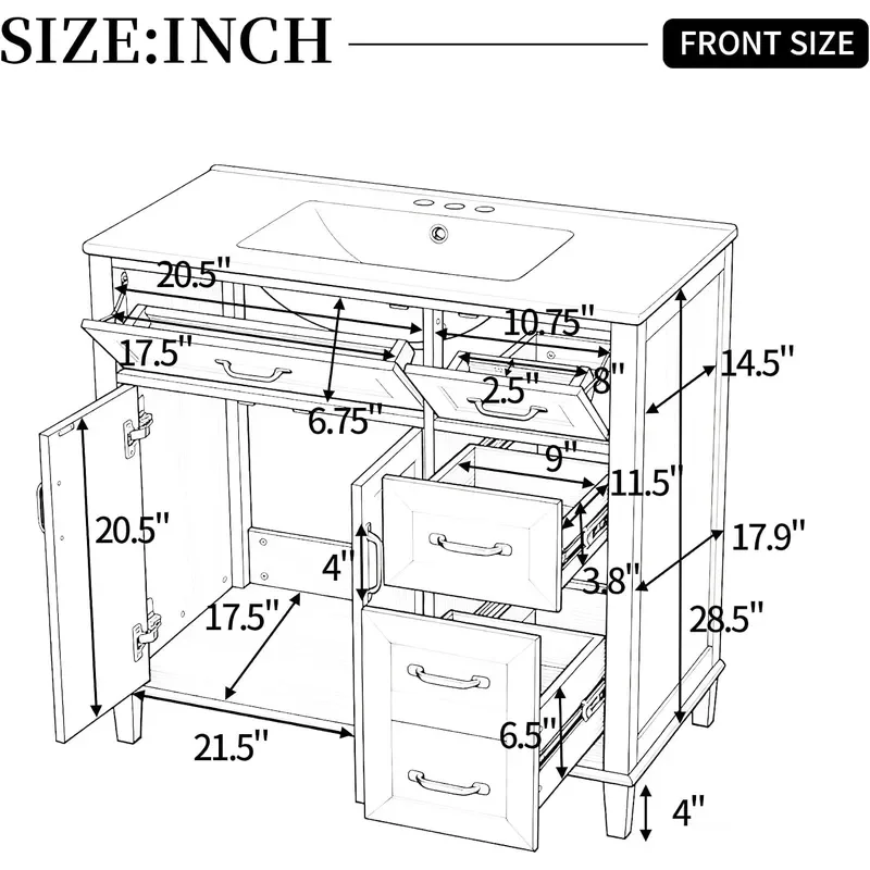 36 Inch Bathroom Vanities with Undermount Ceramic Sink Storage Cabinet with Soft Closing Doors and Three Drawers Solid Wood