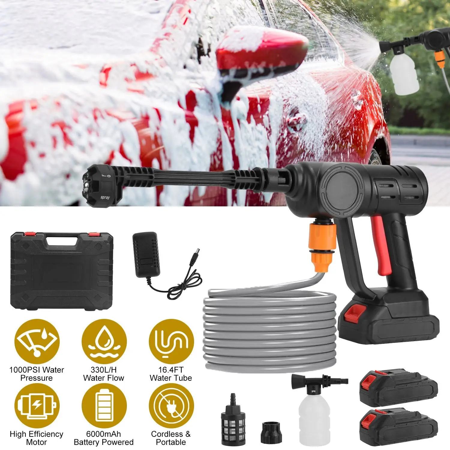 

Cordless Pressure Washer, 1000PSI with 6-in-1 Nozzle & High-Capacity Battery for Car & Home Cleaning