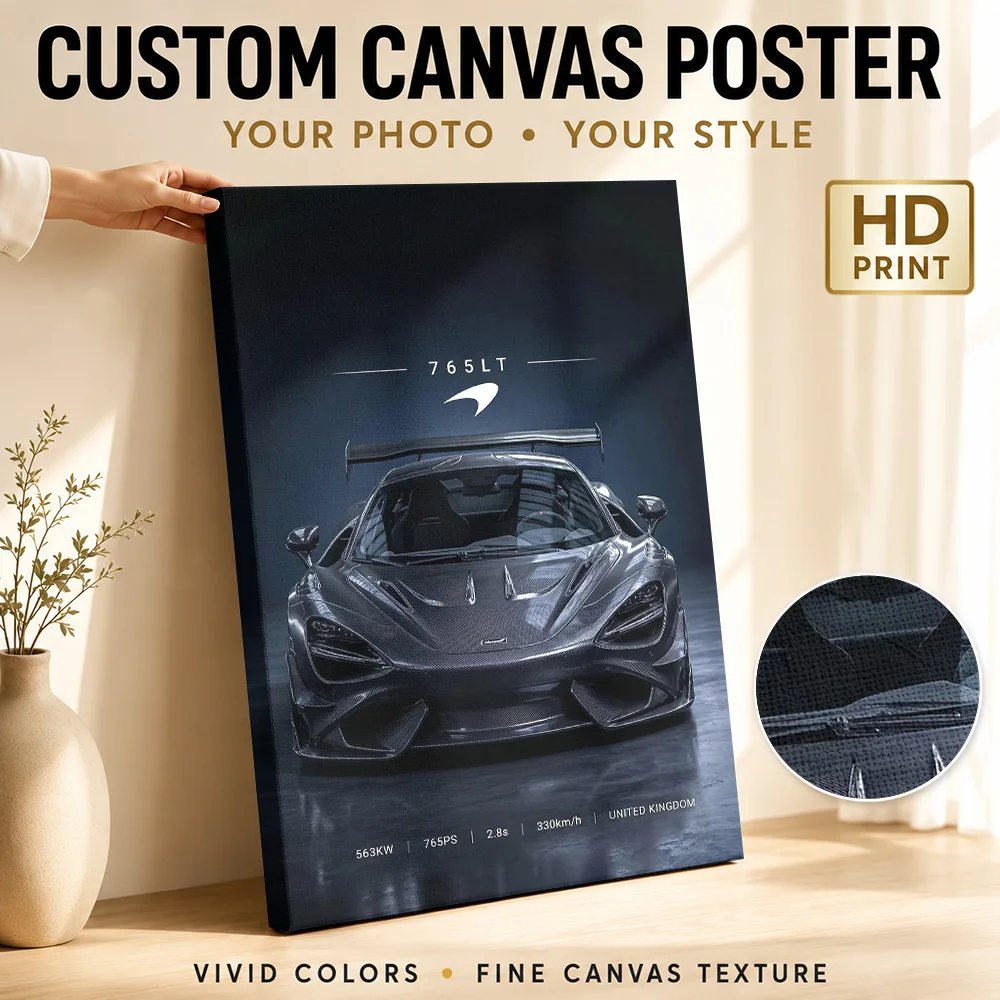 Sleek angry supercar 765LT Carbon Fiber Framed Canvas Poster Custom Modern Aesthetic Wall Paintings Decoration for Dining Room