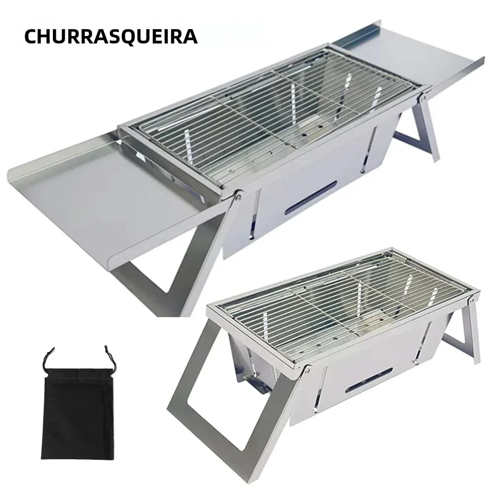 Aço inoxidável portátil churrasqueira ao ar livre dobrável fogão a carvão compacto acampamento piquenique grill espeto rack viagem churrasco conjunto