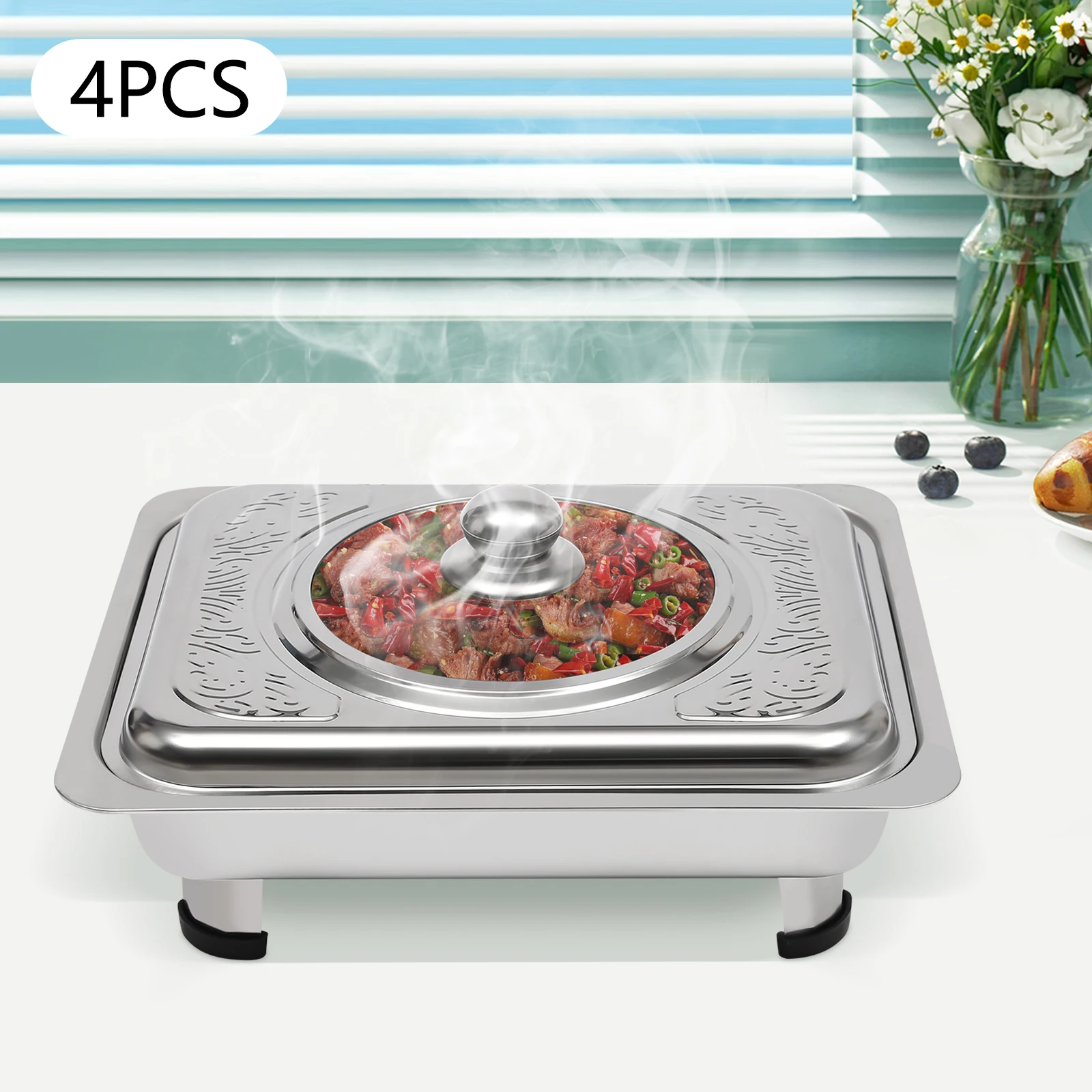 4 Pcs Stainless Steel Chafer Pan Buffet Tray W/ Lid Chafing Trays Rectangular Chafing Dish