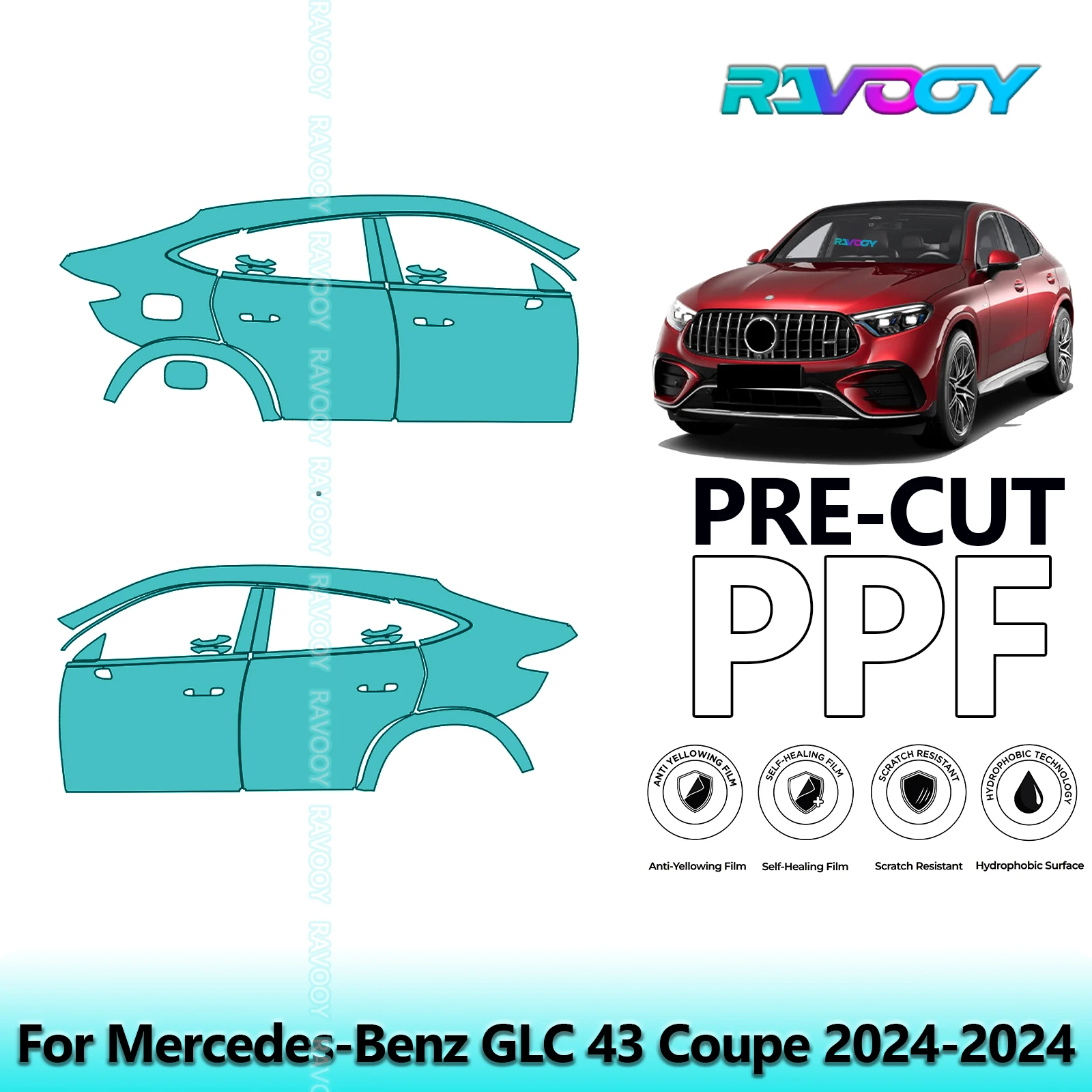 

For Mercedes-Benz GLC 43 Coupe 2024-2024 8.5mil Clear Matte Pre-Cut PPF Door & A/B Pillar Kit TPU Paint Protection Film Set