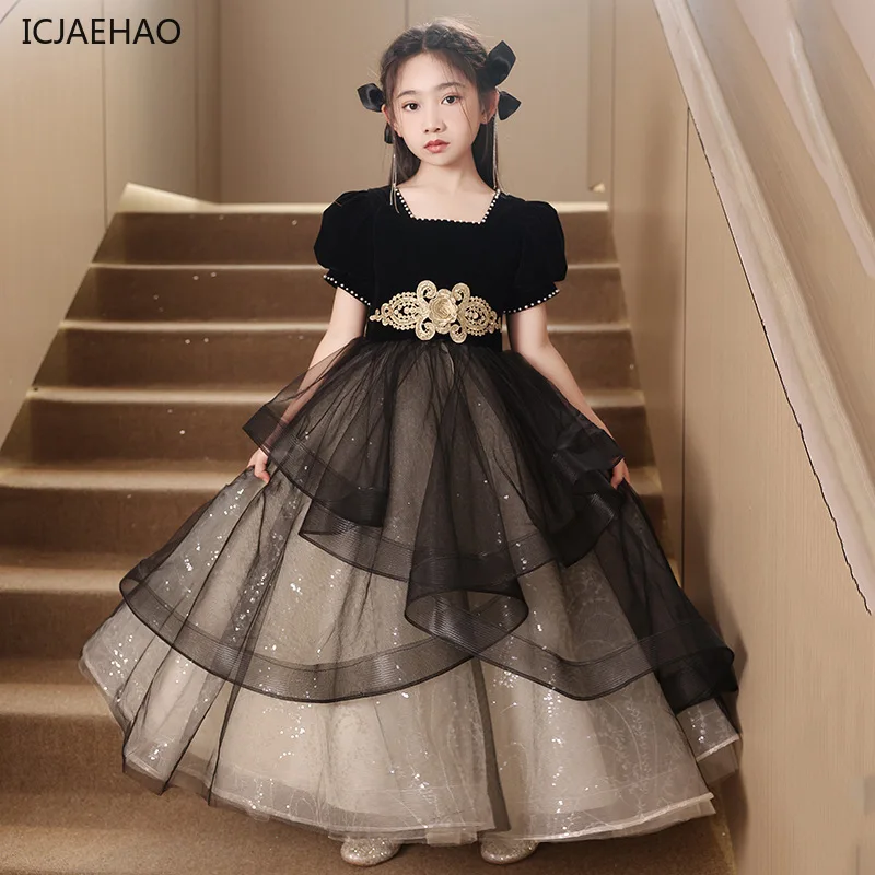 

ICJAEHAO 2024 Elegant Evening Dress for Girls Children Bubble Sleeves Tulle Contrasting Princess Long Host Performance Costume