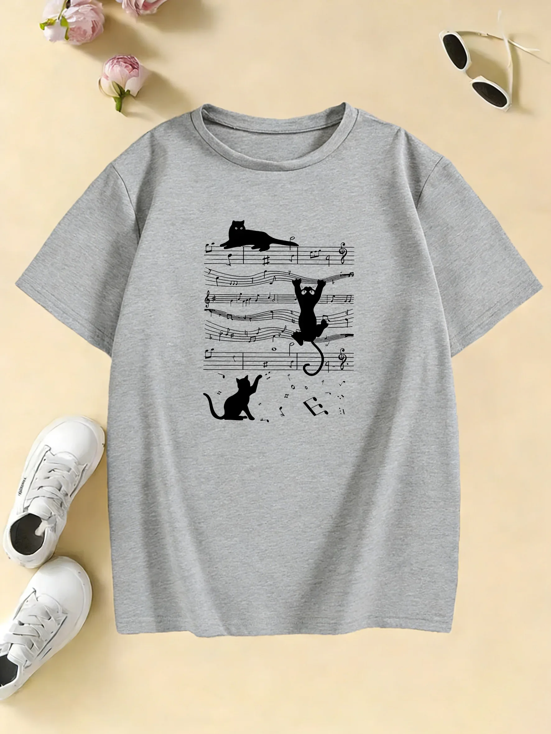 Kawaii Hot Sale Music Cat Design T Shirts Manga Kids Children's T-shirt Boys Girls Summer Spring Casual Top Tee
