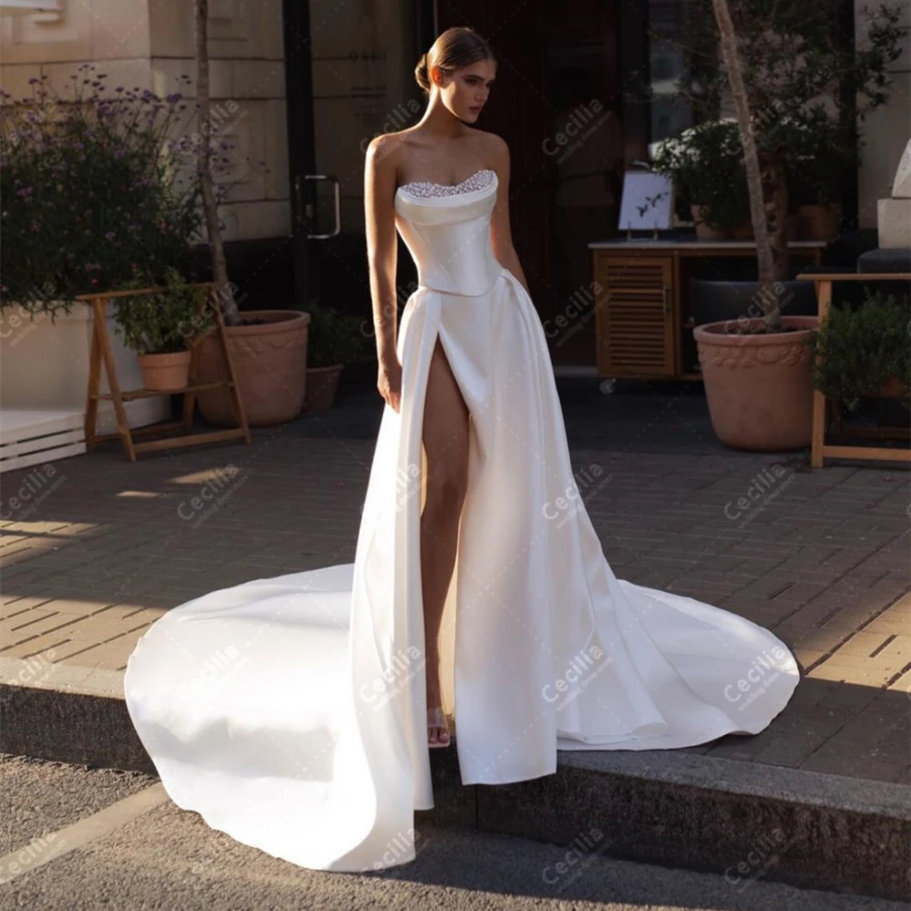 

Modern Wedding Dresses A-Line Satin Bridal Gowns Sequin Appliques Sleeveless High Slit Robes For Brides Vestidos De Novia 2024