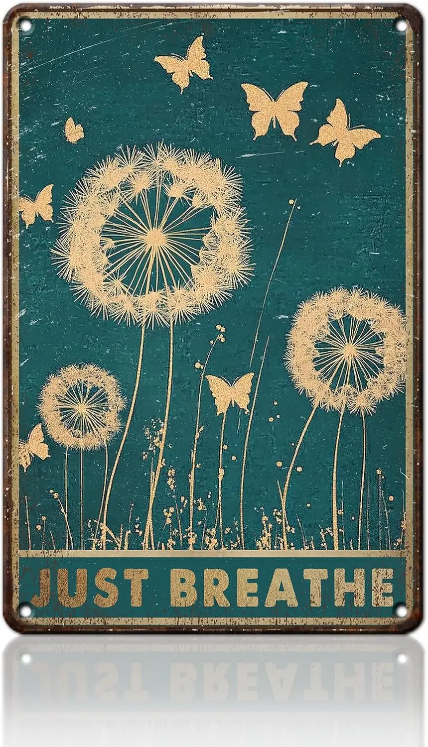 Dandelion Vintage Tin Sign Garden Metal and Butterflies Just Breathe for Office Living Room Bar Coffee Shop