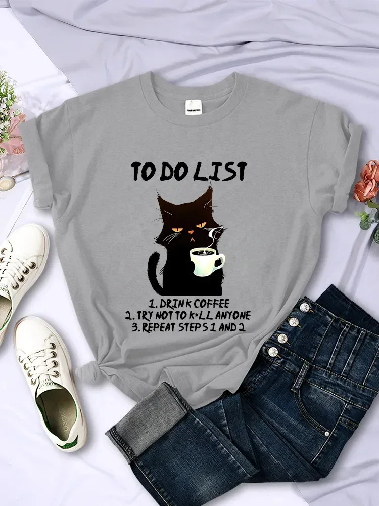 Black Cat To Do List Graphic T Shirts Funny Cat Coffee Tops  T-shirt Fashion Harajuku T-shirts Men Brand T-shirt Women Clothing