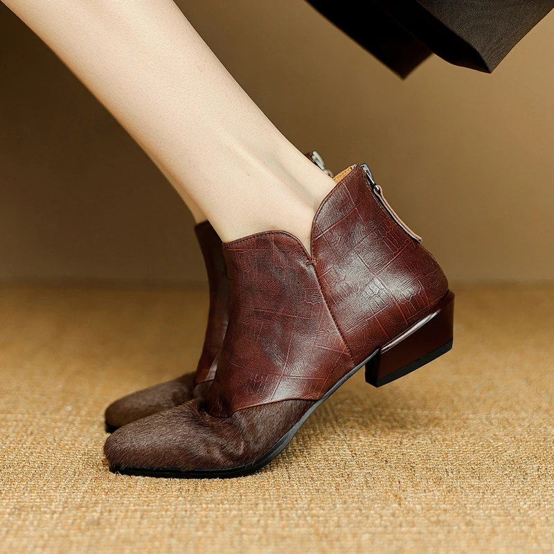 

Women's new genuine leather, cowhide, horsehair splicing square toe, back zipper, middle heel, Chelsea short boots, fashion boot