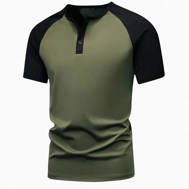 

A fashionable two-tone Henry collar T-shirt, men's schoolstyle short-sleeved shirt, lightweight and breathable base layer