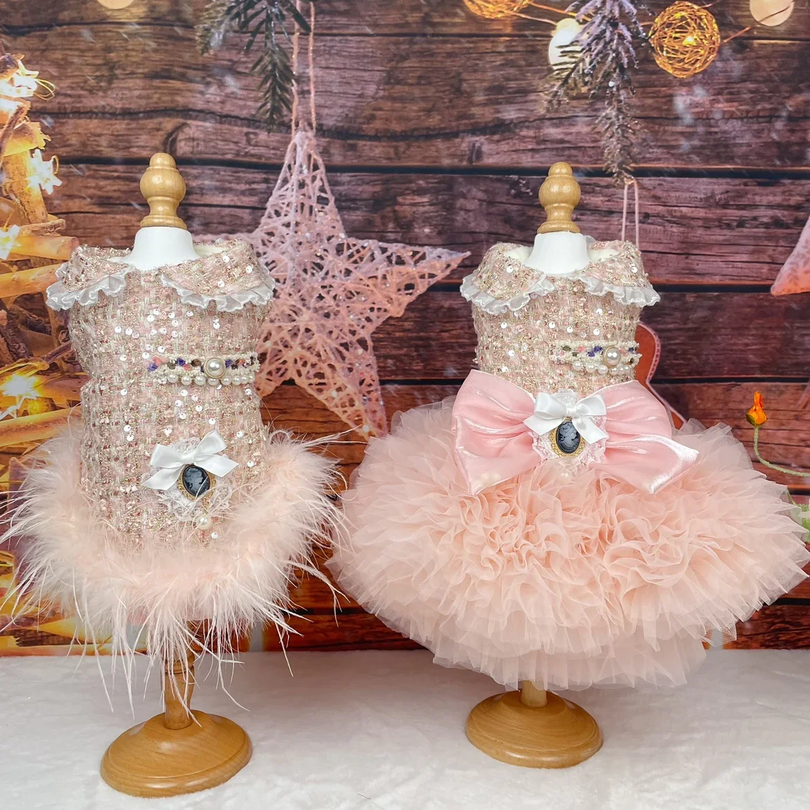 Pink Champagne Pet Dog Clothes Fashion Handmade Sequin Pearl Lace Bow Party Princess Dress For Small Medium Dog Warm Puppy Coats