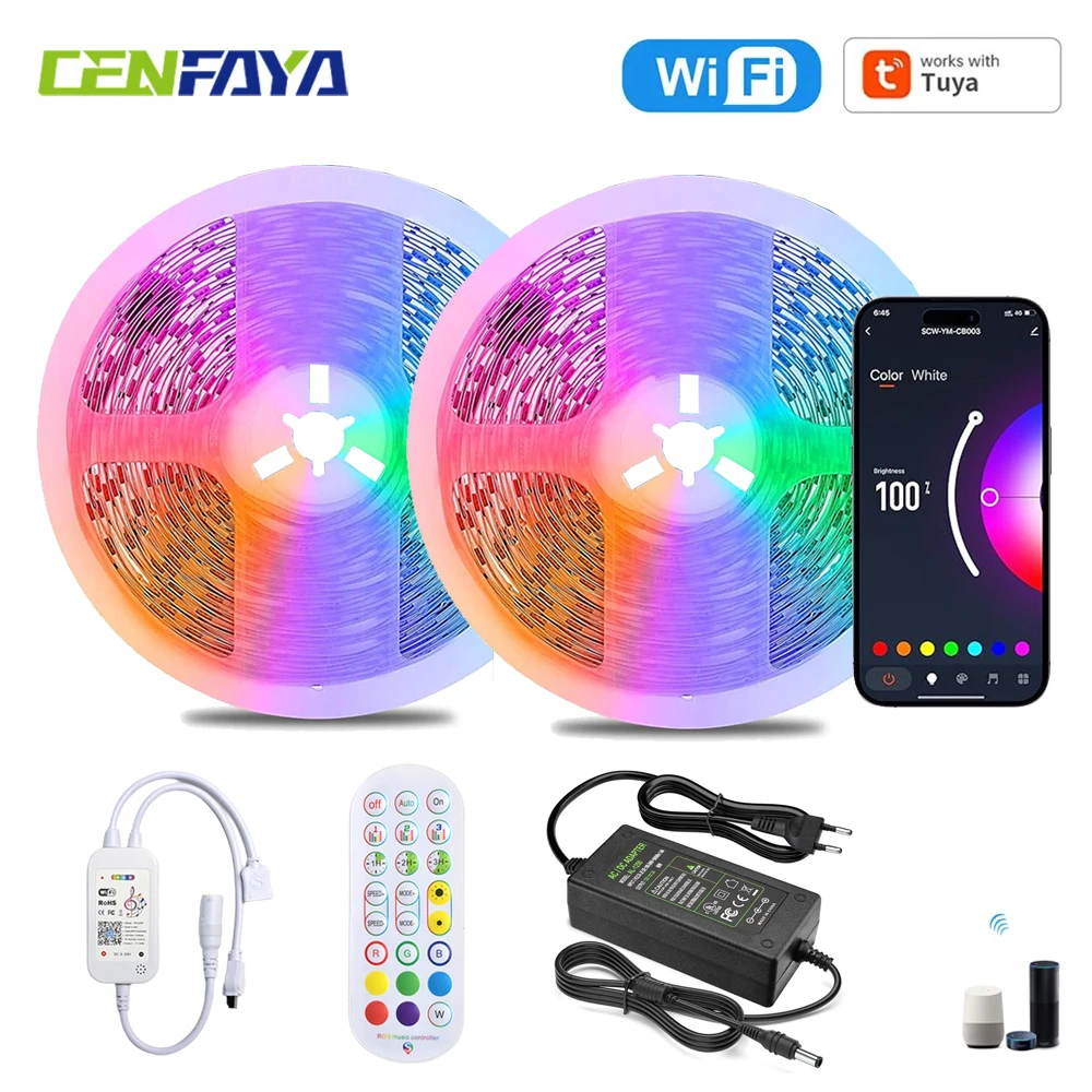 Tuya Smart Life WiFi RGB LED Strip 5050 SMD 12V 1m 2m 3m 4m 5m 10m Dimmable Waterproof Light Band Remote fr Alexa Home Assistant