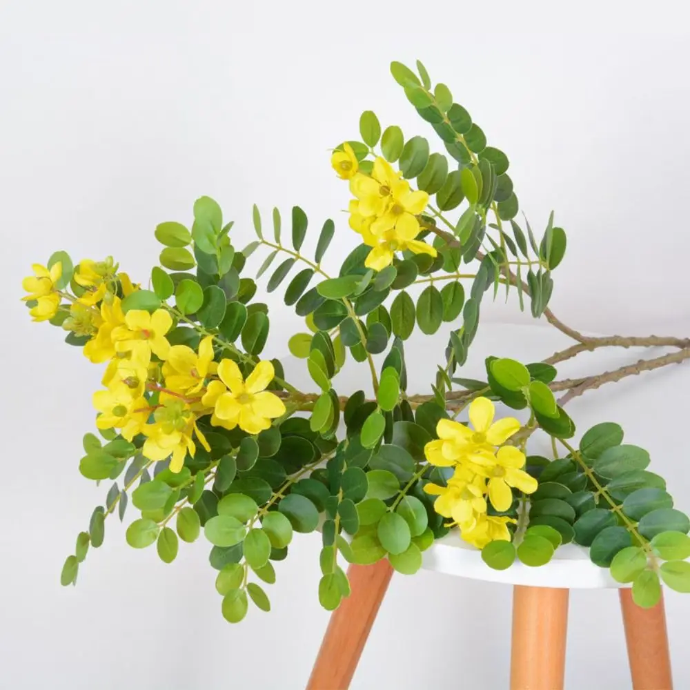 Plastic Artificial Locust Tree Branch Handmade with Green Leaves Simulated Yellow Locust Flowers Elegant Realistic Fake Flowers