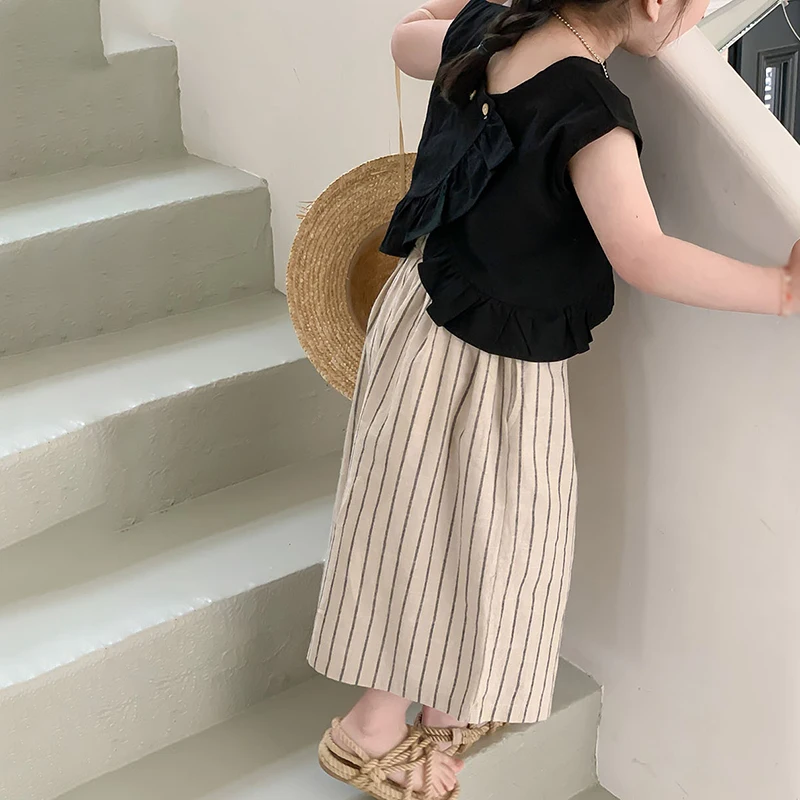 Round Collar Sleeveless Top Pleated Design Girl\'s Sleeveless Top Pants Suits Elastic Waist Casual Pants Beach Suits Girls