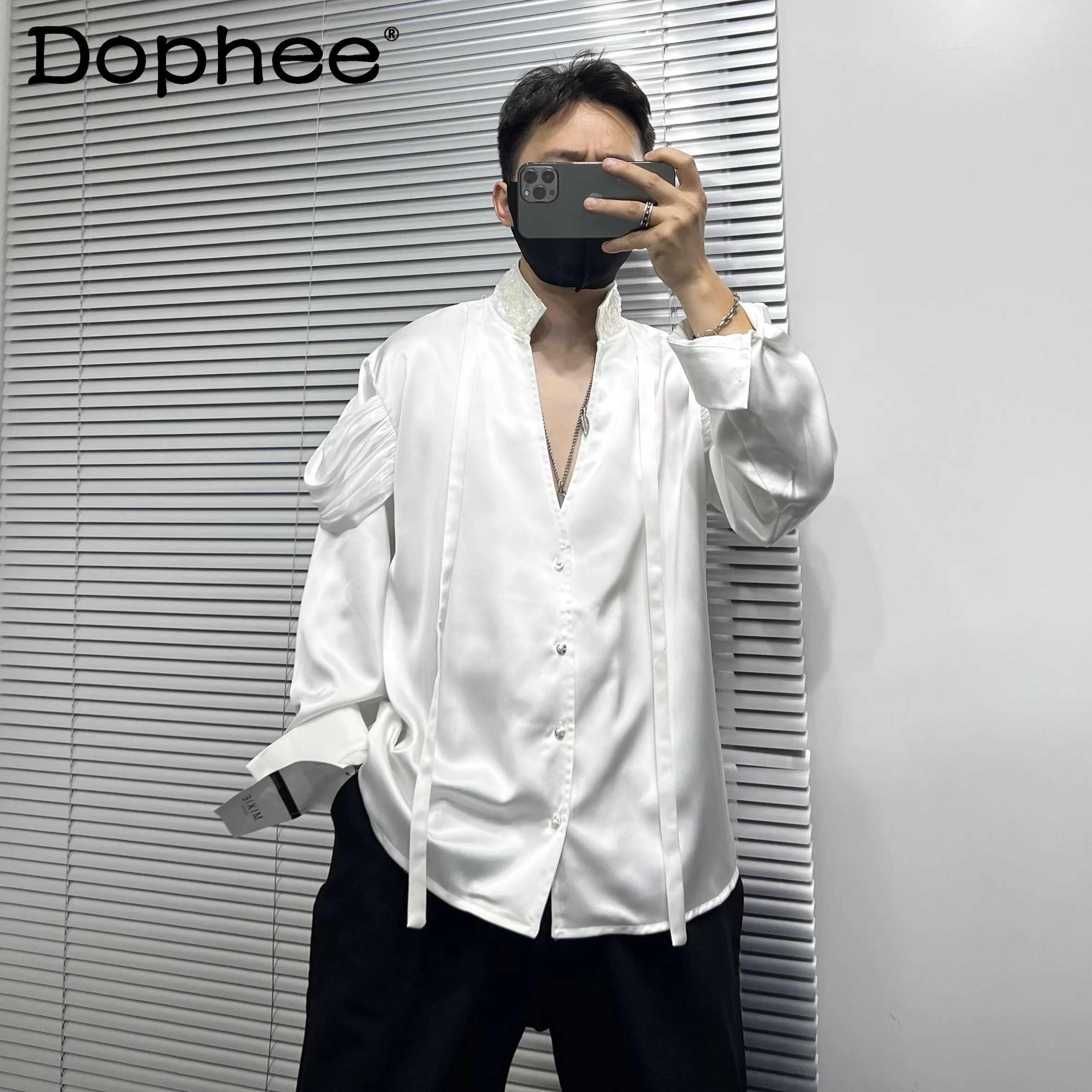 

Autumn New Japanese Style Original Heavy Sequin Stand Collar Shirt Design V-neck Long Sleeve Handsome Casual Loose Shirt for Men