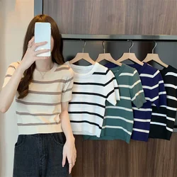 Short Sleeve Chic T-shirt Women Summer Lazy Style Round Neck High Waist Short Top Fresh Sweet Style Stripe Pattern