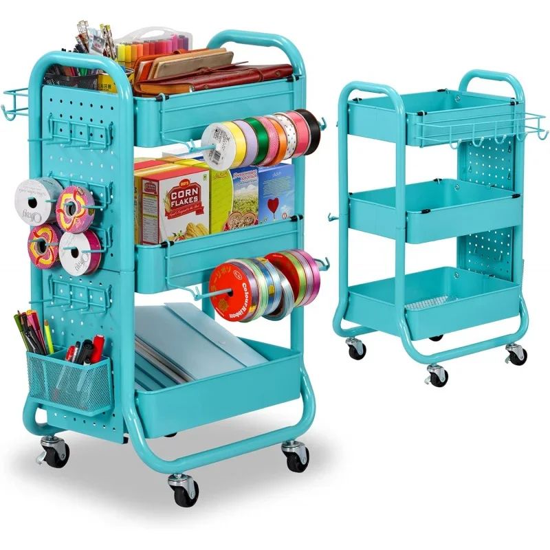 3-Tier Utility Storage Rolling Cart with Removable Pegboard & Extra Storage Baskets Hooks, Metal Art Carts Gift Home O