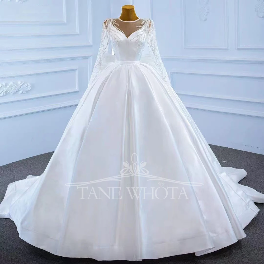 Elegant Bridal Dress O Neck Long Sleeves Lace Up Back Sequined Bow Sash Wedding Dress