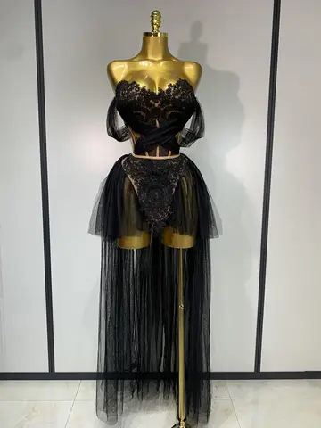 2025 New Arrived Sexy Cute Mesh Tops Skirt 2 PCS Set Women Celebrate Party Birthday Nightclub Performance Stage Show Outfit