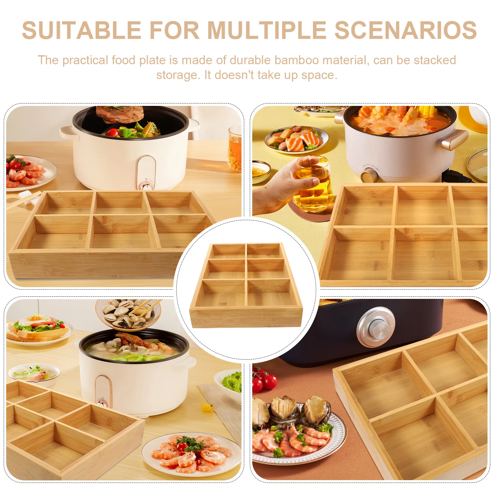 

Bamboo Tray Multi Grids Food Dish Compartment Plate Hot Pot Vegetable Serving Household Dining Decor Party DIY Wood Tray
