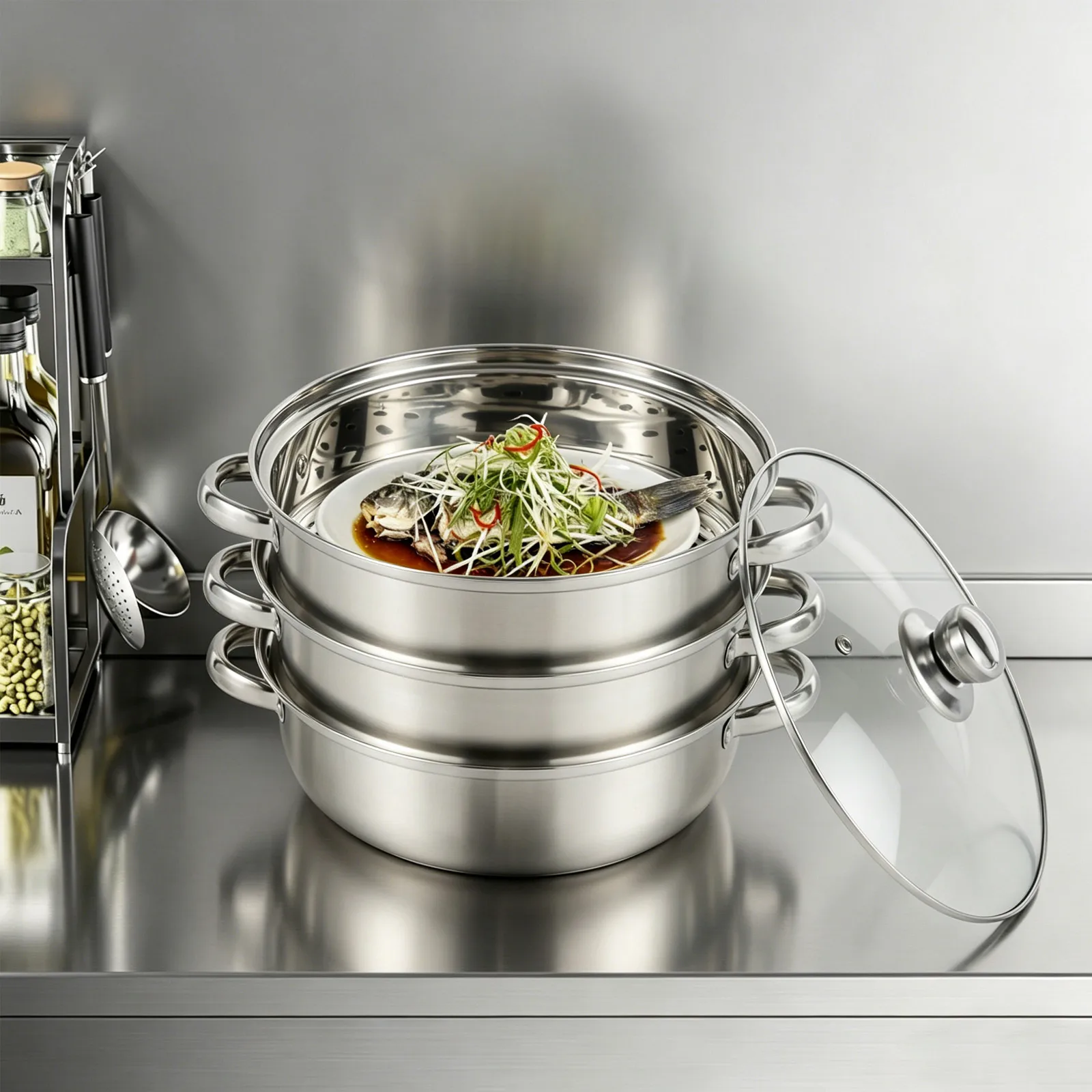 Three-tier Stainless Steel Steamer Three-layer Steamer Multi-Purpose Steam & Cook Pot Stackable Design Transparent Visual Lid Dishwasher Safe Household Steamer For Vegetables Seafood Dumplings