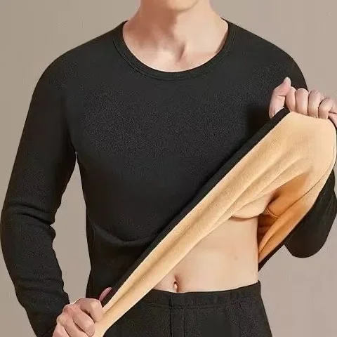 Men's Long Sleeve T-shirt Fleece Lined Thickened Velvet Warm Round Neck Solid Color Stretch Base Shirt Casual Winter Tshirt 6XL