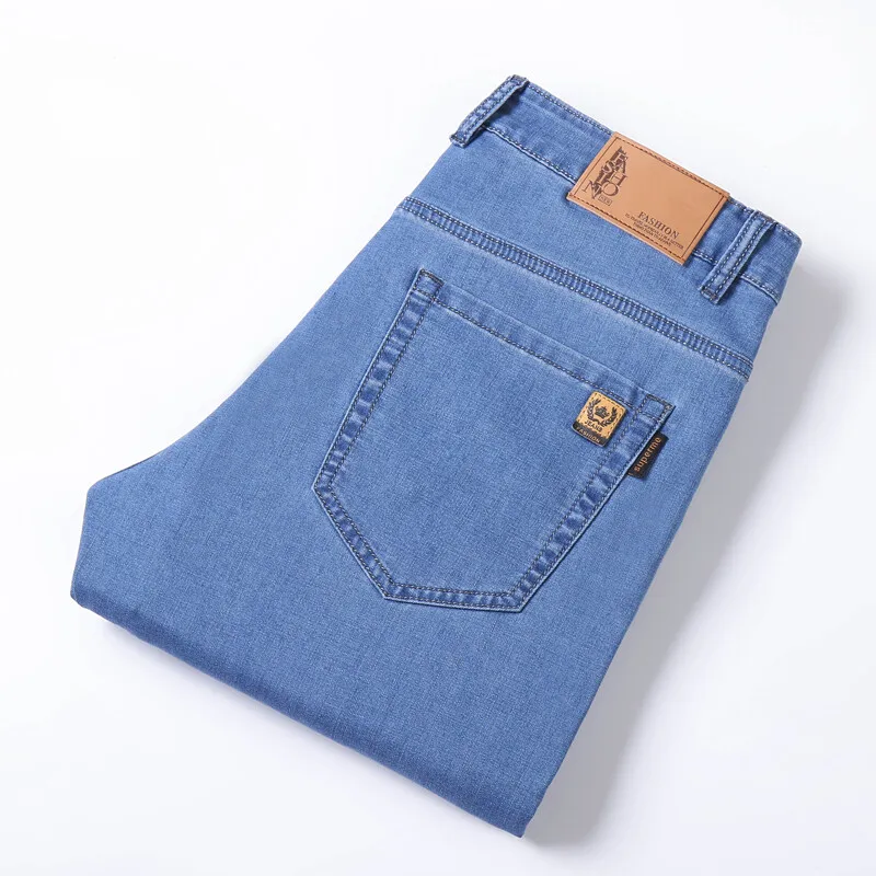

Spring/Summer Fashion Solid Color Ice Silk Breathable Stretch Straight Leg Jeans Men's Casual Sports High Quality Denim Trousers