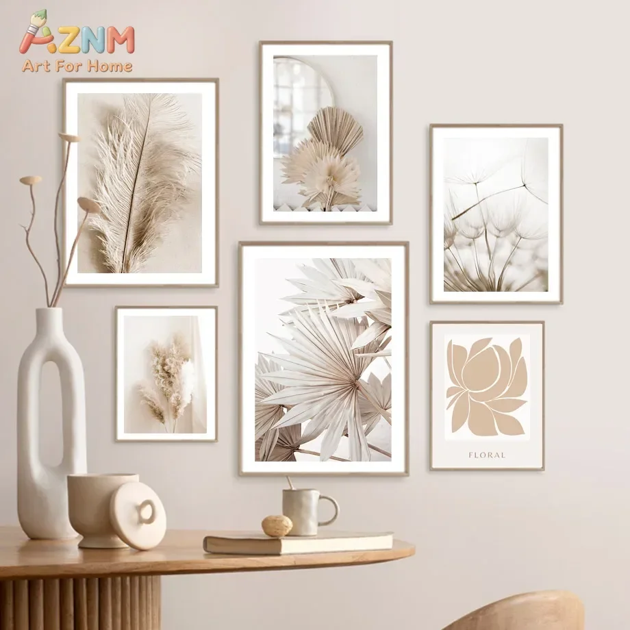 AZNM Boho - Arte de pared en lienzo con hojas de palma secas y hierba de pampa, póster con estampado floral botánico de diente de león en color beige, sin marco, tamaño individual