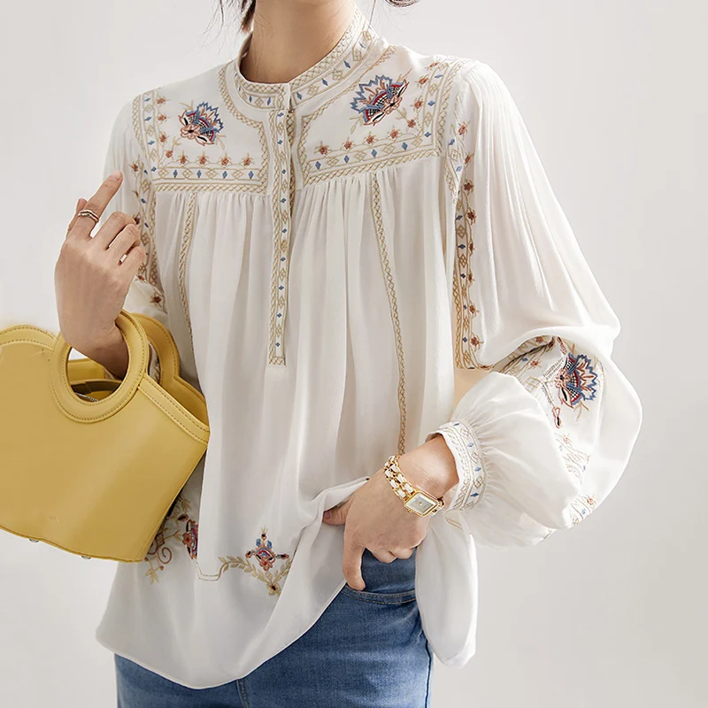 Vintage Elegant Lady Shirt Korean Chic Luxury Spring Women Gorgeous Blouse Stand Collar Floral Embroidery Chiffon Blusas 13835
