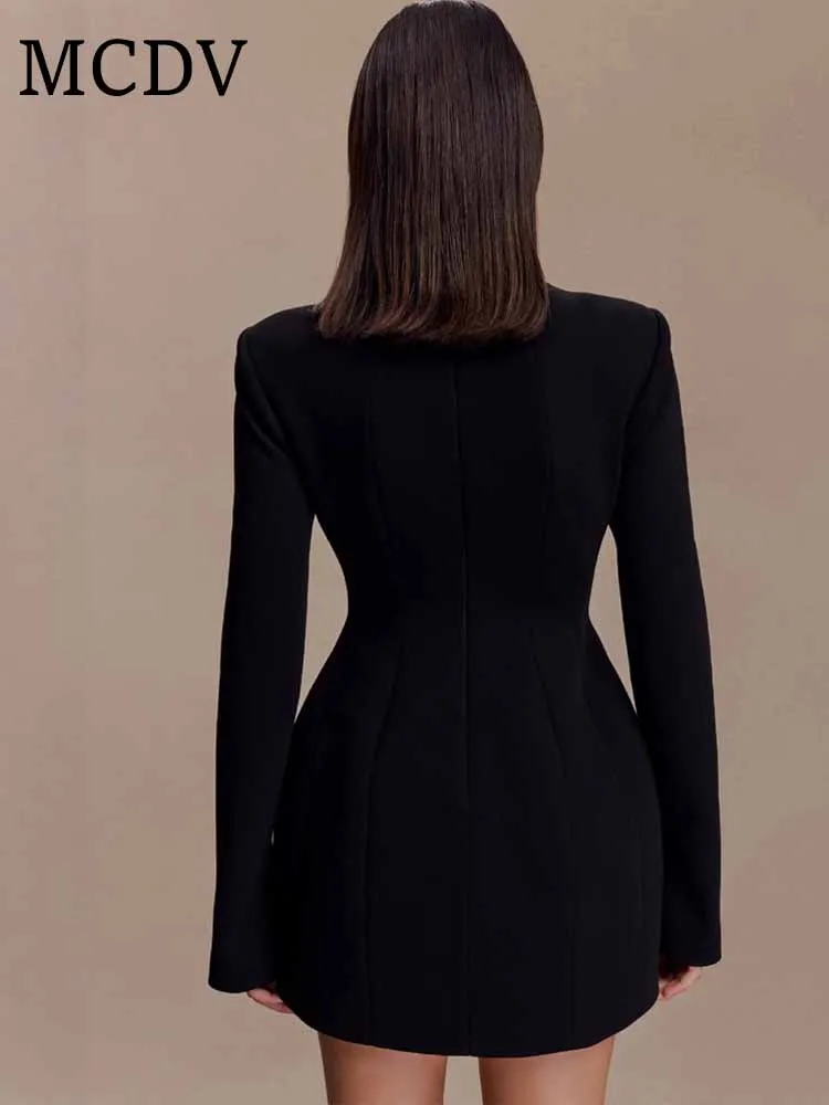 فستان قصير أسود مثير بفتحات واسعة من MCDV فستان نسائي أنيق برقبة دائرية وأكمام طويلة مزين بالمعدن فساتين ضيقة على شكل حرف a رداء أنيق للحفلات #3