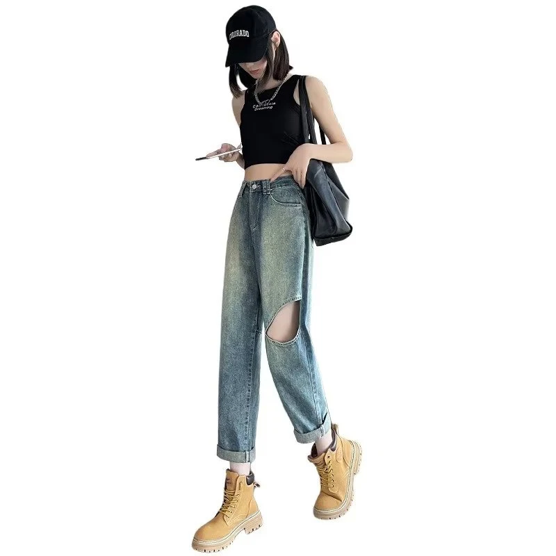 Cool Girl Fashion Style Street Pants Hole Breaking Trend Design Jeans High Waist Wide Leg Casual Straight Jeans Baggy Wide Leg J