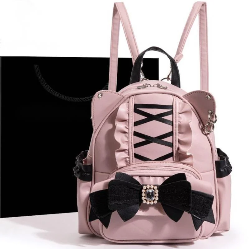 Bow Y2K Ribbon Backpack Itabag Japan PU Kawaii Mine Lace Cat Ear Backpack Zipper Student Waterproof Large Capacity Backpack New